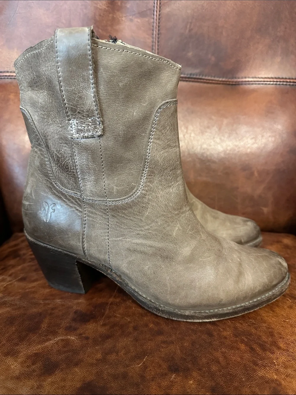 Frye Taupe Leather Ankle Booties with Side Zip